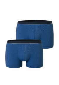 Modré žebrované boxery vyrobené z měkké látky, s černým elastickým pasem s bílým logem a kontrastním šitím. Balení po dvou kusů.