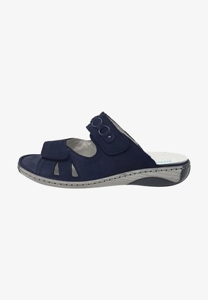 Marineblaue Sandale mit künstlichem Obermaterial, verstellbarem Klettverschluss, offener Zehenpartie und Ausschnittakzenten. Graue Sohle mit Nähdetails.