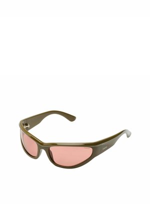 Glossy olive green wraparound sunglasses with pink tinted lenses and curved arms shown on white background.