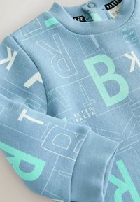 Svetlo modrá mikina s kombináciou výrazných bielych a mäty zelenej textovej vzory. Mäkko na dotyk, s okrúhlym výstrihom a manžetovými rukávmi.