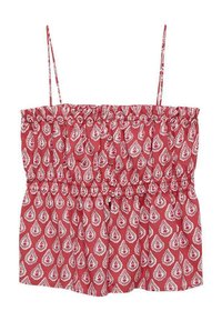 Red tank top with white paisley pattern, elastic smocked bodice, and thin adjustable straps. Lightweight fabric with a relaxed fit.
