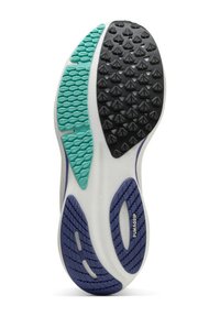 Suola della scarpa con una base bianca e accenti neri, turchesi e viola. Gomma testurizzata con pattern triangolari per aderenza e supporto.