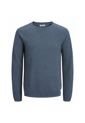 Mørkeblå langærmet sweatshirt med rund halsudskæring, tekstureret stof og ribstrikkede ærmekanter. Har et lille logomærke ved kanten.