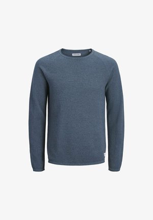 Mørkeblå langærmet sweatshirt med rund halsudskæring, tekstureret stof og ribstrikkede ærmekanter. Har et lille logomærke ved kanten.
