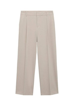 Pantaloni ampi beige chiaro realizzati in un tessuto liscio. Presentano un fronte piatto, passanti per cintura e pieghe nette lungo le gambe frontali.