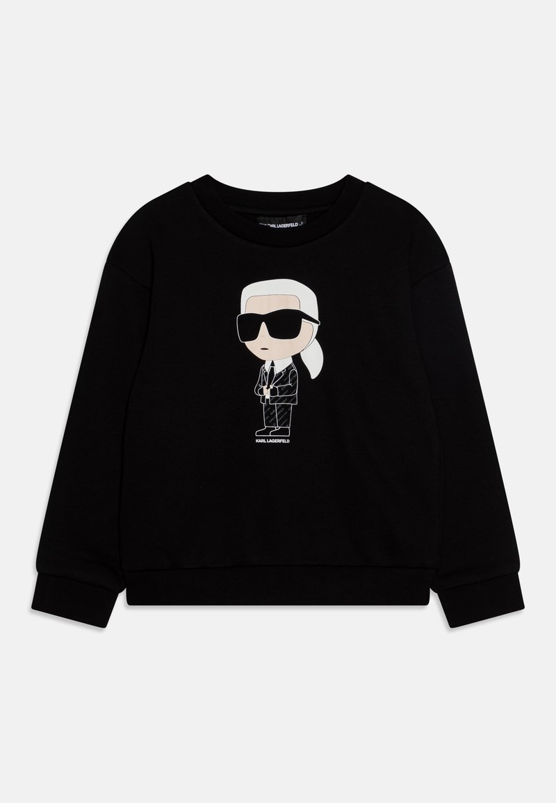 Zwarte sweatshirt met een cartoonillustratie van een figuur met een zonnebril, dunne witte omtrek en de tekst "KARL LAGERFELD" onderaan.