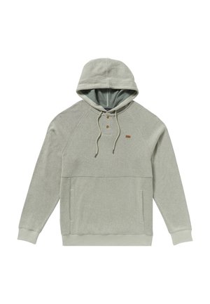 Felpa con cappuccio verde chiaro, caratterizzata da un motivo a coste testurizzato, tasca a marsupio e due bottoni al collo. Cappuccio regolabile con lacci.