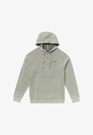 Felpa con cappuccio verde chiaro, caratterizzata da un motivo a coste testurizzato, tasca a marsupio e due bottoni al collo. Cappuccio regolabile con lacci.