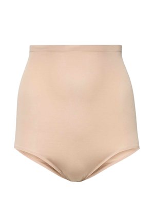 Sous-vêtement beige taille haute sans coutures, en tissu lisse et extensible, sans coutures visibles ni ornements.
