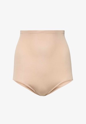 Sous-vêtement beige taille haute sans coutures, en tissu lisse et extensible, sans coutures visibles ni ornements.