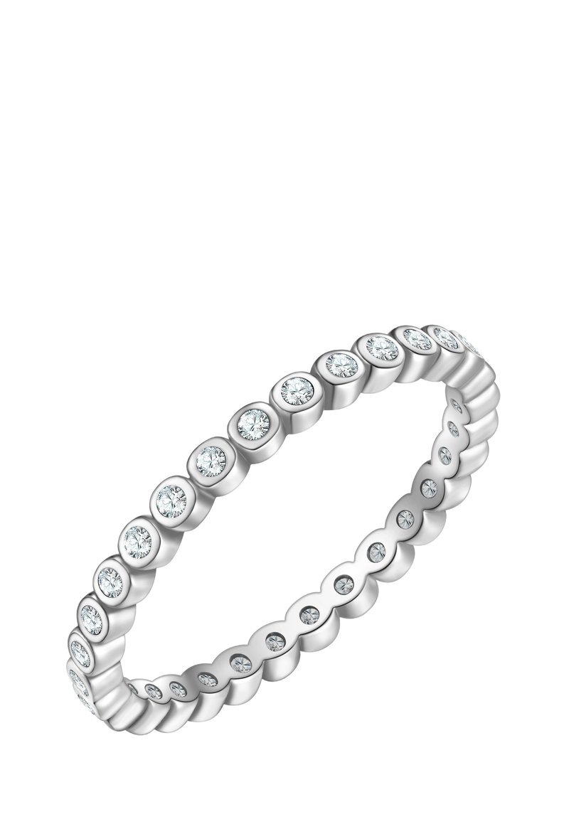 Srebrn prsten s kružnim dizajnom, ukrašen ravnomjerno raspoređenim prozirnim dragim kamenjem. Glatka tekstura s poliranim završetkom koji stvara suptilni sjaj.
