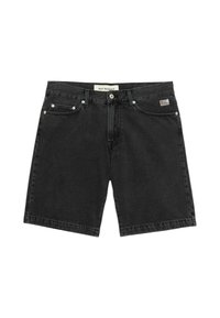 Shorts in denim nero con design a gamba dritta, accessori in metallo argentato, cinque tasche e etichetta del marchio sulla vita. Tessuto testurizzato.