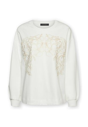 Weißes Sweatshirt mit langen Ärmeln und beiger Blumenstickerei über der Brust und den oberen Ärmeln, mit rundem Ausschnitt und gerippten Bündchen.