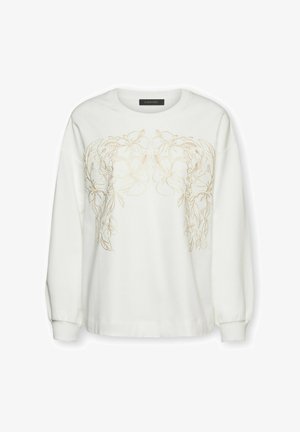 Felpa bianca a maniche lunghe con ricamo floreale beige sul petto e sulle maniche superiori, con scollo rotondo e polsini a coste.