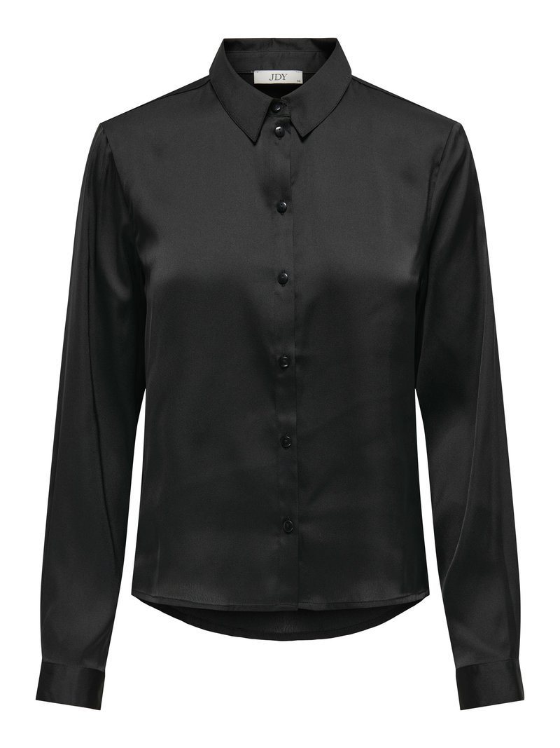 Schwarzes Satin-Hemd mit langen Ärmeln, Knopfleiste, klassischem Kragen und abgerundetem Saum. Verfügt über einen subtilen Glanz und taillierte Ärmel.