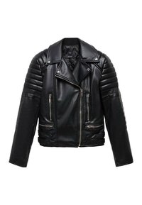 Czarna skórzana kurtka motocyklowa z pikowanymi ramionami, asymetrycznym zamkiem błyskawicznym, bocznymi kieszeniami i dopasowanym krojem.