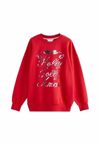 Sarkans džemperis ar garām piedurknēm, izrotāts ar "Holly Jolly Xmas" dizainu no zvīņām. Mīksta auduma, ribotās piedurknes un apakšmalas apdare.