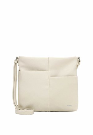 Beige Umhängetasche mit vorderen aufgesetzten Taschen, strukturiertem Leder und verstellbarem Riemen. Kleines Logo auf der unteren rechten Tasche geprägt.