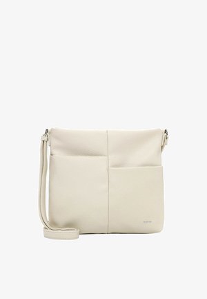 Beige Umhängetasche mit vorderen aufgesetzten Taschen, strukturiertem Leder und verstellbarem Riemen. Kleines Logo auf der unteren rechten Tasche geprägt.