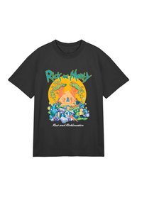 Czarna bawełniana koszulka z energicznym nadrukiem "Rick i Morty", ze centralnym pomarańczowym okręgiem, kolorowymi postaciami i napisem "Odpoczynek i relaks".