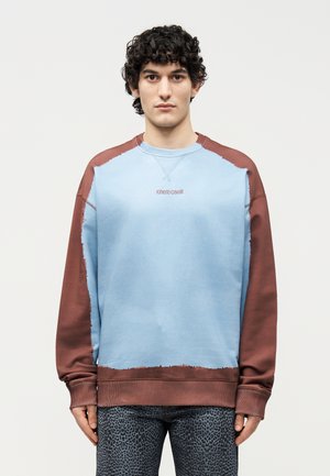 Jaunas vyras su garbanotais plaukais, dėvintis mėlyną ir rudą ilgomis rankovėmis megztinį bei pilkas kelnės su leopardų raštu, žiūrintis tiesiai į priekį ant paprasto fono.