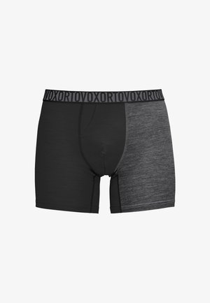 Schwarze und graue Boxershorts mit einem einfarbigen schwarzen Frontteil und einem grauen, strukturierten Seitenpanel. Besitzt einen schwarzen Bund mit wiederholtem Logo.