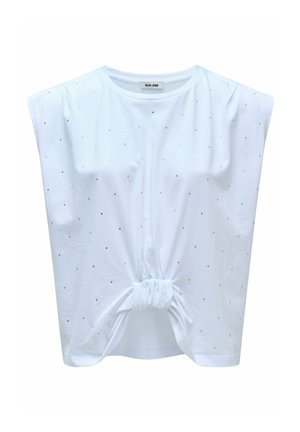 Top corto de manga corta blanca con un diseño frontal anudado, adornado con pequeños puntos plateados para añadir textura y detalle. Confeccionado en una tela suave.