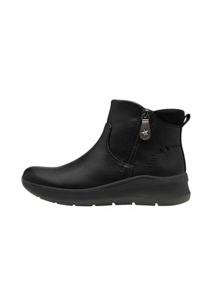 Bottine noire en cuir texturé avec une fermeture éclair sur le côté et une tirette circulaire. Possède un col rembourré et une semelle en caoutchouc épaisse.