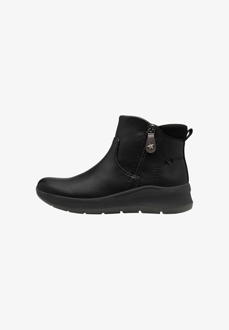 Schwarze Knöchelstiefel aus strukturiertem Leder mit einem seitlichen Reißverschluss und einem runden Ziehband. Verfügt über einen gepolsterten Schaft und eine dicke Gummisohle.