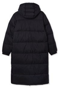 Black puffer coat with a hood, long silhouette, quilted design, elastic cuffs, and smooth texture. Back view, featuring horizontal stitching.