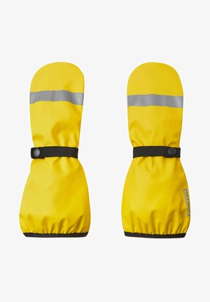 Żółte wodoodporne rękawice z odblaskowymi szarymi paskami, elastycznymi mankietami i czarnym regulowanym zapięciem dla bezpiecznego dopasowania.