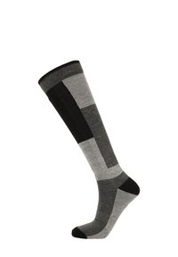 Knä höga strumpor med ett mönster av olika nyanser av grått och svart, med en ribbad överdel och accentuerade häl- och tåområden.