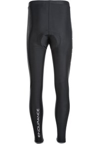 Schwarze Sportleggings aus dehnbarem Material. Verfügen über einen gepolsterten Sitzbereich, dezente Markenkennzeichnung und eine glatte Oberfläche.
