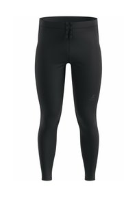 Leggings de sport noirs en tissu extensible, présentant une texture lisse, un design ajusté et un détail de logo près de la cheville.