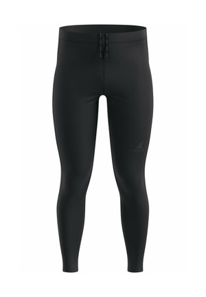 Schwarze Sportleggings aus elastischem Material mit einer glatten Textur, tailliertem Schnitt und einem Logodetail nahe dem Knöchel.