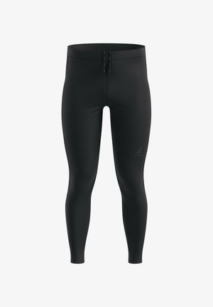 Schwarze Sportleggings aus elastischem Material mit einer glatten Textur, tailliertem Schnitt und einem Logodetail nahe dem Knöchel.