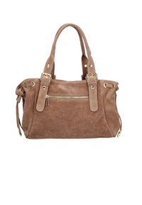 Bruine suède handtas met details in goudkleur, een ritszak aan de voorkant, dubbele handvatten en verstelbare zijbanden voor variatie in maat.