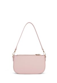 Borsa a tracolla rosa chiaro realizzata in pelle sintetica, con una texture liscia, chiusura con zip e tracolla regolabile con dettagli in oro.