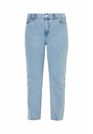 Hellblaue Jeans mit hohem Bund, Knopf- und Reißverschluss, Vordertaschen und kleinen perlenähnlichen Perlen entlang der Seitennaht.