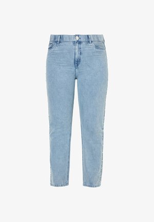 Světle modré džíny s vysokým pasem, zapínáním na knoflík a zip, přední kapsy a malé perličkové korálky podél bočních švů.