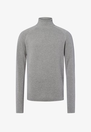 Pull à col roulé gris en tricot texturé, avec des manches longues et un col ajusté, offrant un design simple et classique.