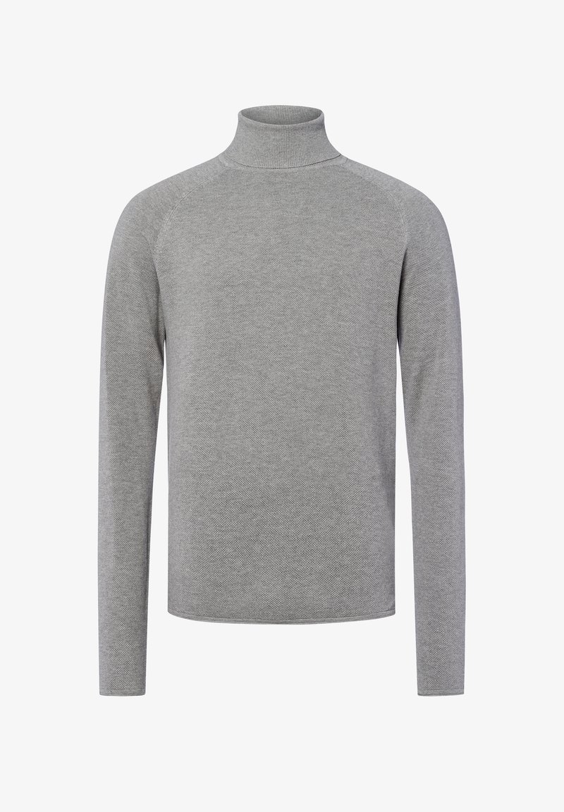 Maglione grigio a collo alto in maglia strutturata, con maniche lunghe e colletto aderente, che offre un design semplice e classico.