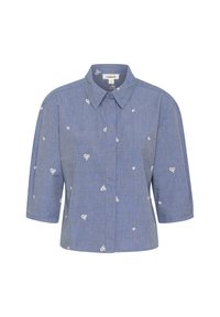 Camicia in chambray blu con colletto, maniche corte e ricami floreali bianchi su tutta la superficie. Tessuto leggero con vestibilità comoda.