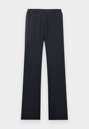 Črne hlače z ravnimi hlačnicami, z elastičnim pasom in nastavljivim vrvnim zategovanjem, opremljene s stranskimi žepi z zadrgo.