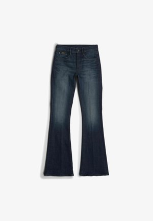 Mørkeblå, flagrende jeans laget av denim; har en glatt tekstur, klassisk fem-lommer design, og lett falming på lårene.
