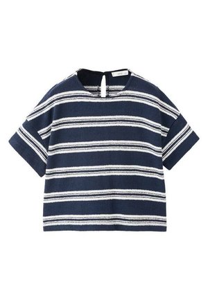 Haut bleu marine à manches courtes avec rayures horizontales blanches, col rond, et petite fermeture à bouton en forme de goutte d'eau au dos.