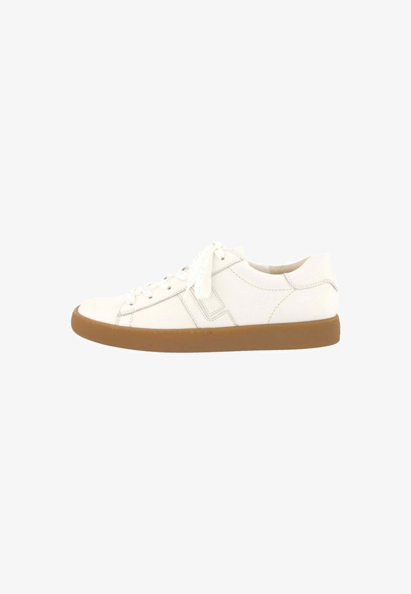 Sneaker bianca con tomaia in tela liscia, punta rotonda e suola in gomma naturale. Presenta un design con lacci e accenti minimalisti.