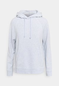 Hoodie azzurro chiaro realizzato in un morbido tessuto testurizzato. Presenta un cappuccio con cordino, maniche lunghe raglan e una tasca a marsupio frontale.