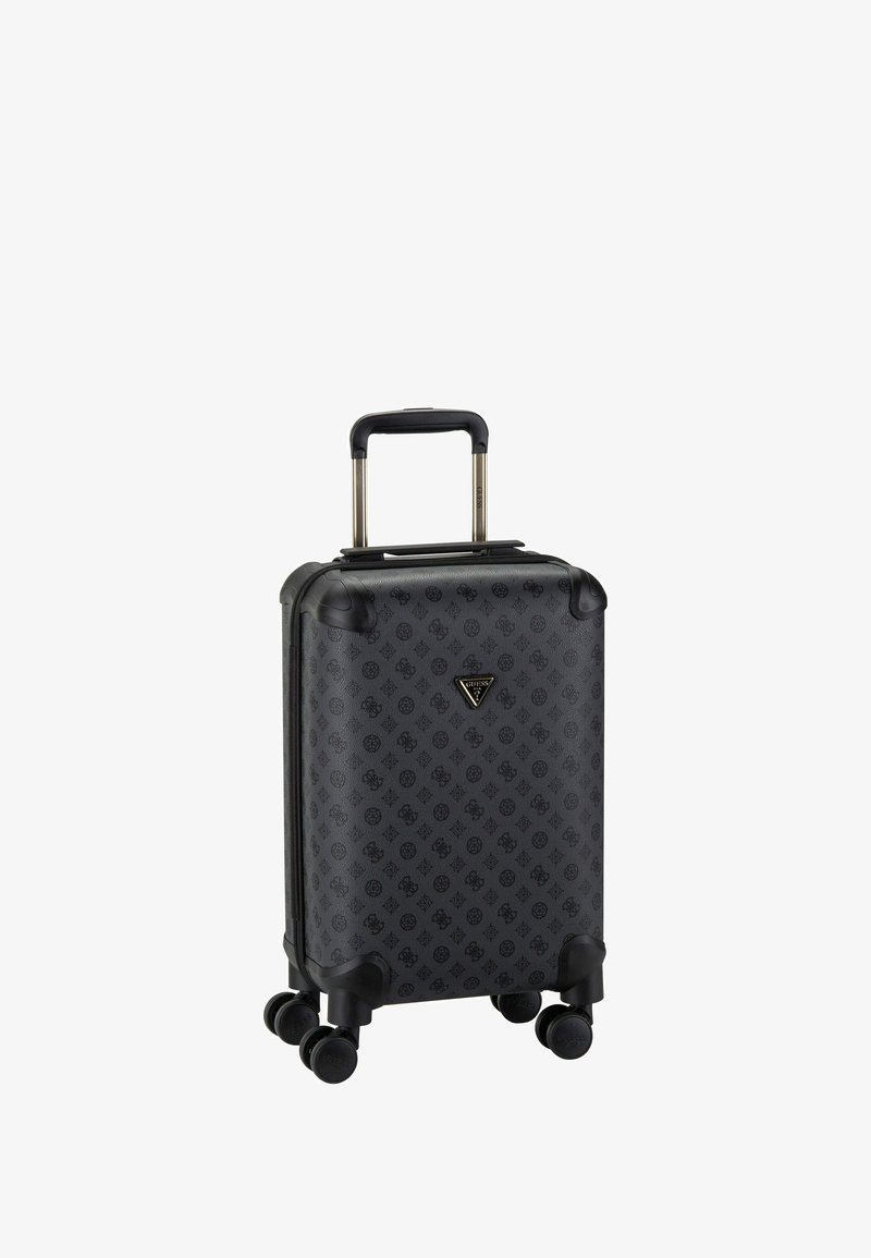 Hartschalenkoffer in Schwarz mit dezentem Prägegemuster, Metallreißverschluss und ausziehbarem Griff. Vier Räder für Mobilität.