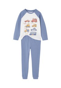 Children's two-piece pajama set with blue sleeves and pants, white top featuring colorful illustrations of various vehicles and sound effects.